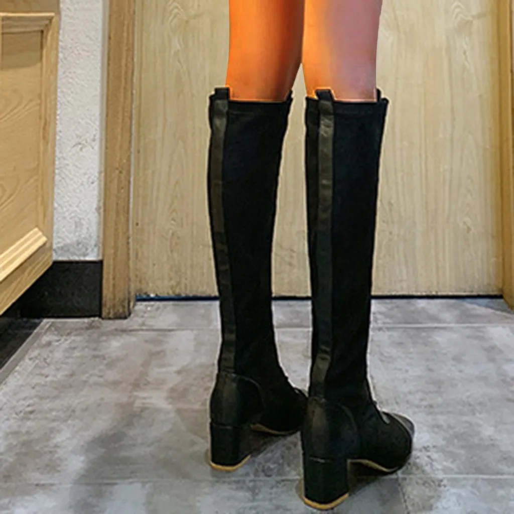 Обувь; Модные женские ботинки; zapatos de mujer; женские зимние сапоги до колена из флока на квадратном каблуке со шнуровкой