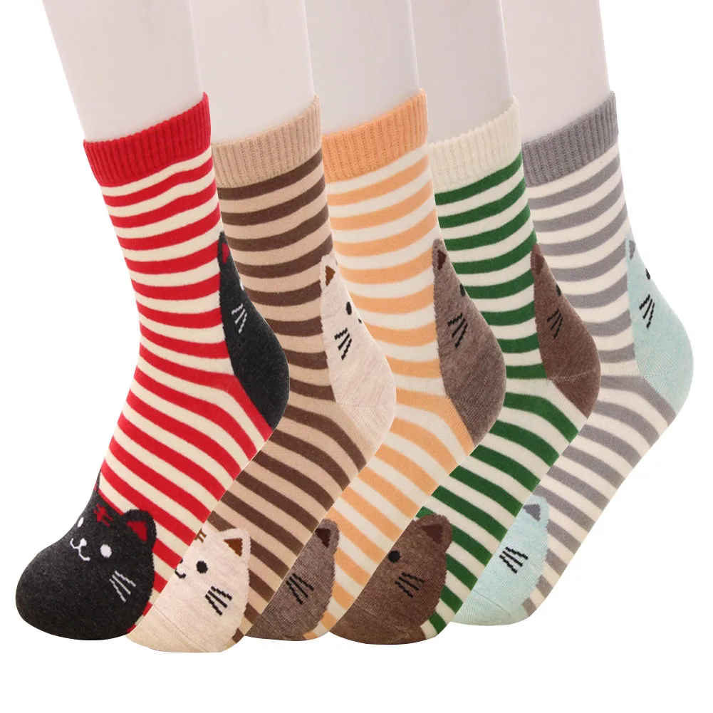 5 пар, осенне-зимние хлопковые смешанные Носки с рисунком кота, смешанные в ассортименте, забавный подарок, женские повседневные носки с милыми животными из мультфильмов, теплые