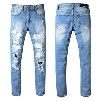 

European embroidery skull pp casual slim elastic straight leg jeans fashion men's trousers with holes and diamonds
