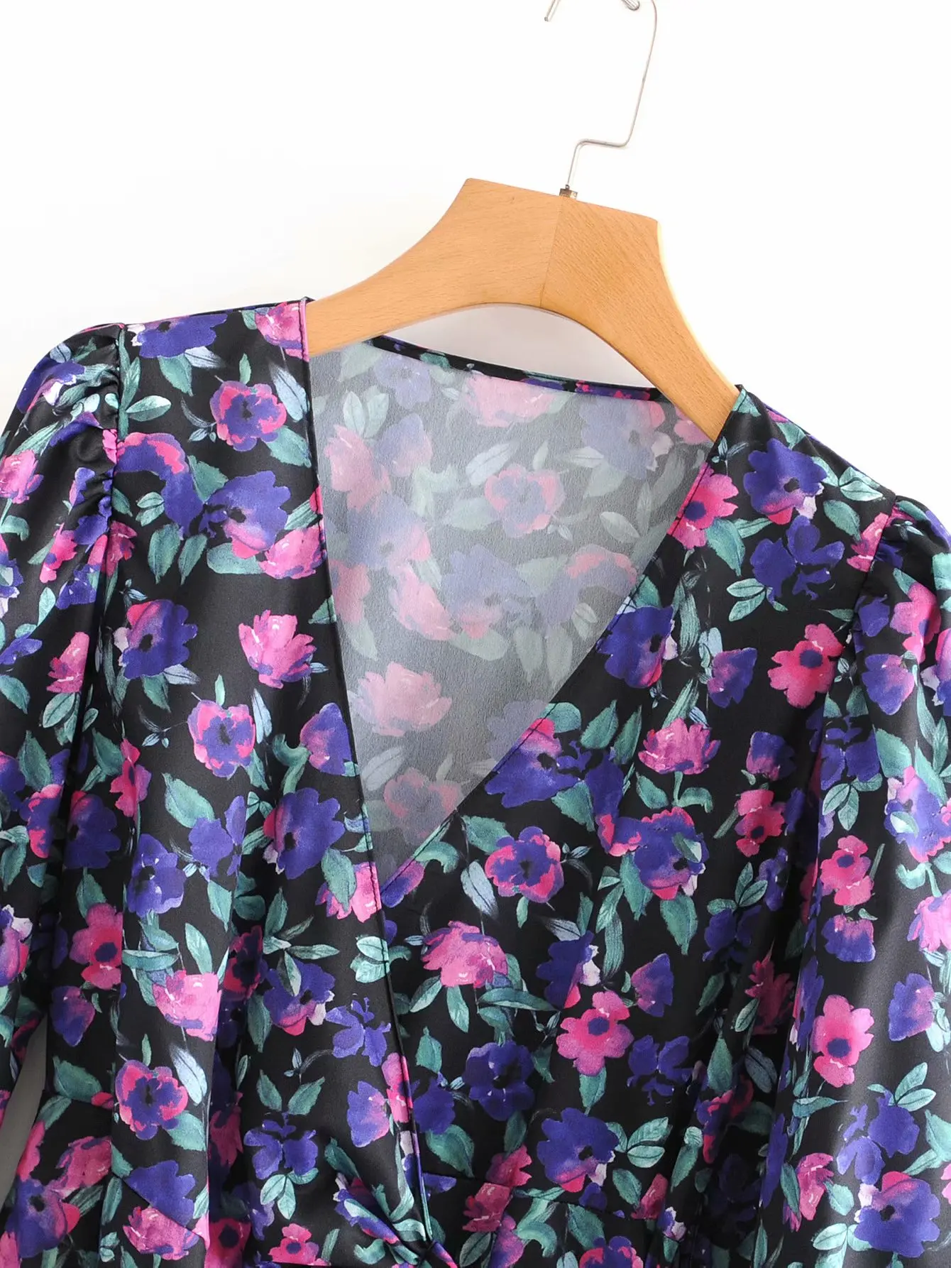 VOGUEIN Новое Женское ретро платье с длинным рукавом с цветочным принтом и v-образным вырезом фиолетовое Асимметричное мини-платье