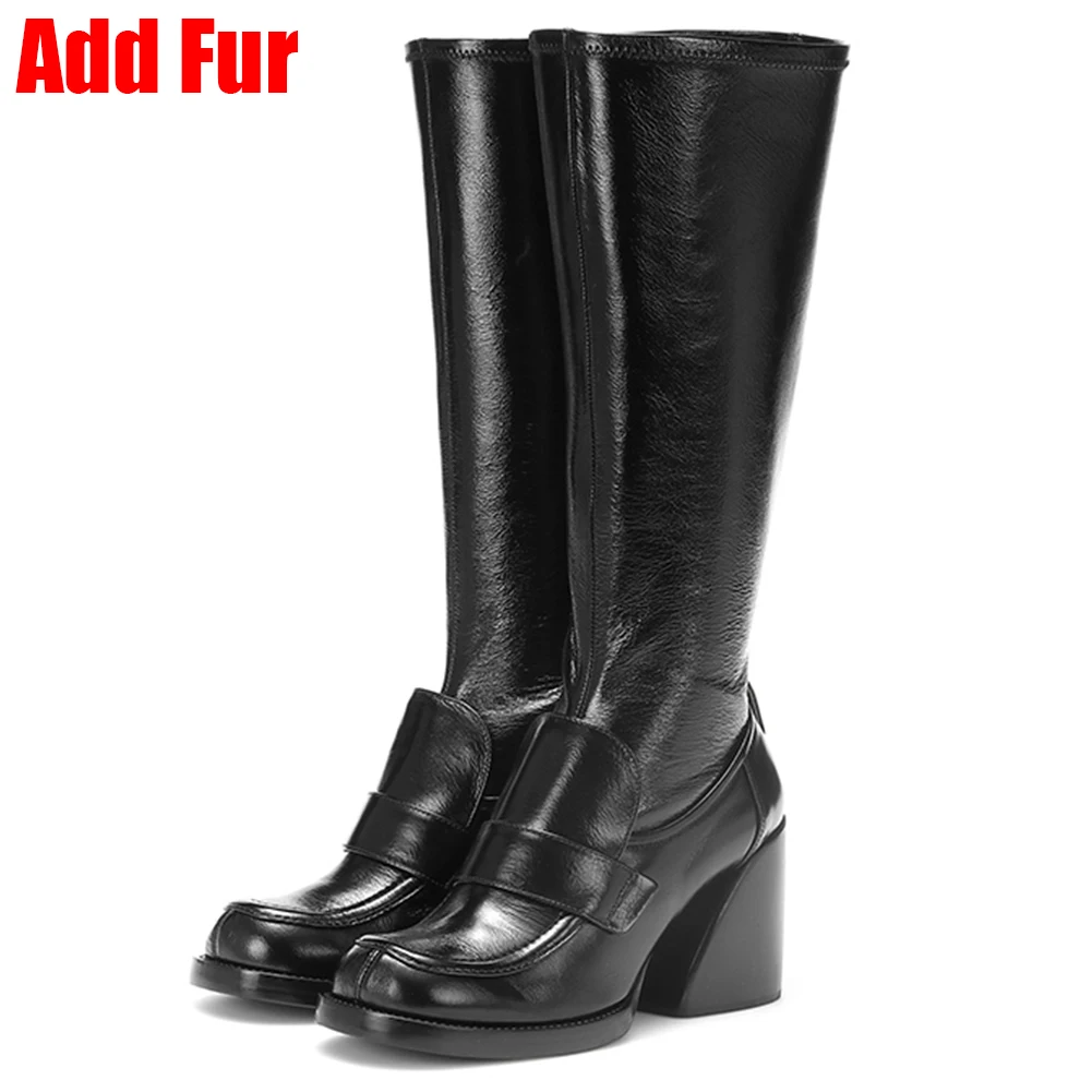 black long add fur BONJOMARISA; Новинка; фирменный дизайн; ботинки до середины икры; женская обувь для подиума; растягивающиеся сапоги из натуральной кожи; женская обувь на высоком каблуке - Цвет: black long add fur