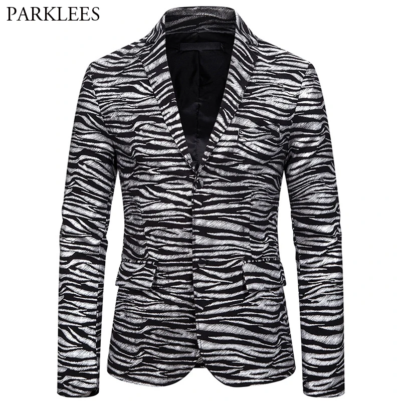 

Zebra Print Bronzing Blazer Men Two Button Mens Suit Jackets Casual Slim Fit Coat Men Nightclub Dance Party Men Blazers Jacket