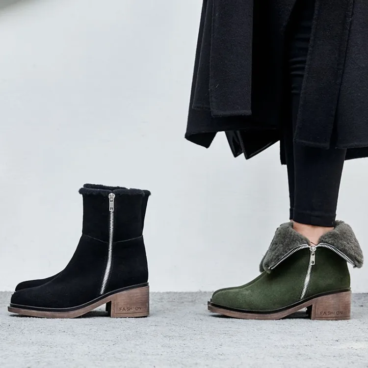 Original Intention Autumn Winter High-Quality Ankle Boots Woman Green Black Lamb and Fur In One Pair Of Snow Boots Square Heel