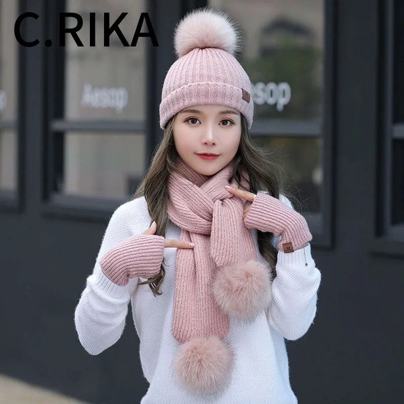 

2019 Wool Knitted Winter Hats for Women's Hat Scarf Glove Set 3 Piece Sets Fashion Pom Pom Cap Gorros Bonnet Beanie Skullies