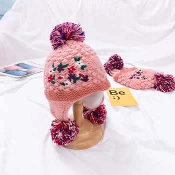 

Baby Autumn Winter Hats Flower Style Children Knitted Cap Pink Color Wool Plus Velvet Kids Cap with Ear Protector Baby Warm Hats