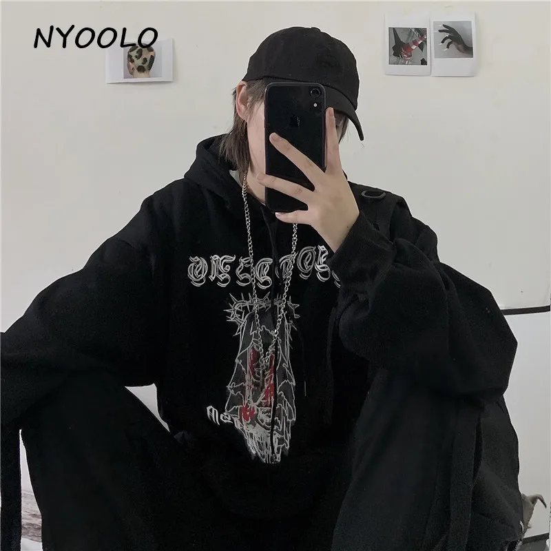 NYOOLO Harajuku стиль ужас кровавый с буквенным принтом толстые теплые толстовки с капюшоном на осень и зиму свободные вязаные пуловеры с капюшоном Толстовка для мужчин и женщин