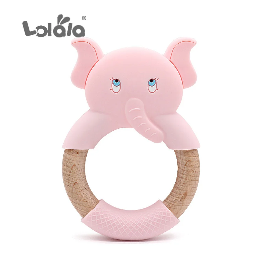 1pc Baby Silicone Teether Cartoon Elephant Sheep Teething Toy Beech Wood Ring Infant Comfort Toys Baby Teether