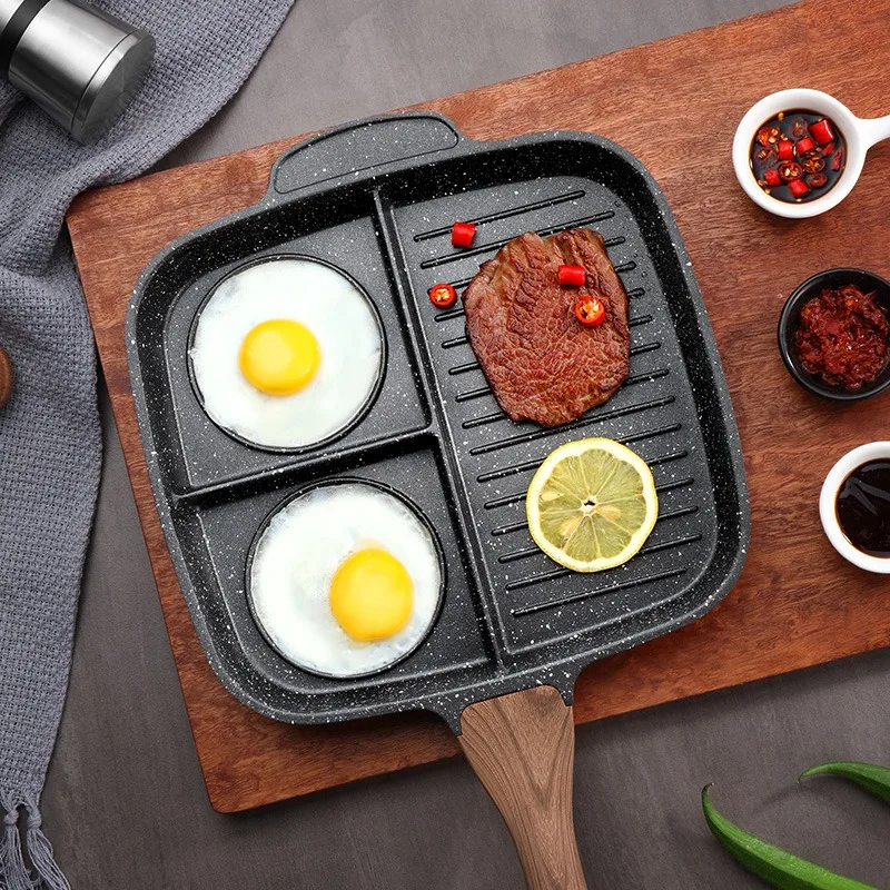 

Stone Ceramic Steak Grill Pans Breakfast Frying Eggs Non-Stick Frying Pan Kitchen 3 Grid Multifunctional 3-In-1 Frying Pan Cooki