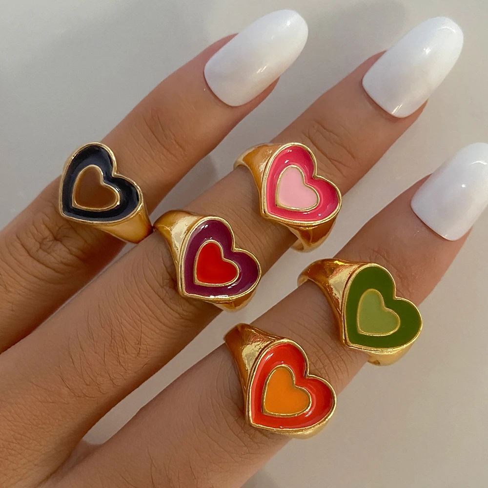 Finger Ring Sparkling Heart Ring Creative Cute Colorful Double Layer Love Heart Ring Vintage Drop Oil Metal Heart Rings For Women Girls Fashion Jewelry