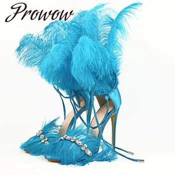 

Prowow New Spring Summer Runway Style Crystal Beading Feather Sandals Sexy Lace Up Thin HIgh Heel Sandals Shoes Women