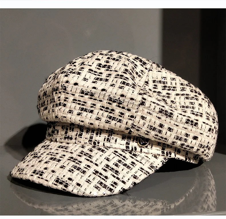 

Tweed Plaid Newsboy Caps 2019 New Women Hats Sequins Flat Top Visor Cap Vintage Plaid Military Cap Female Autumn Winter Hats