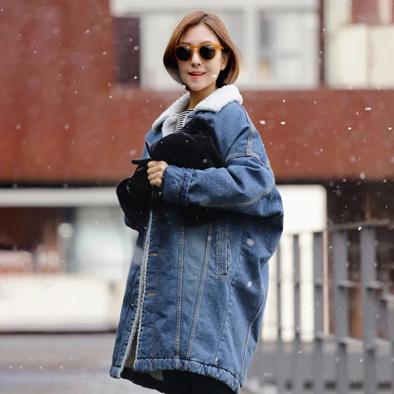 SISPELL Patchwork Lambswool Denim Coats For Women Lapel Collar Long Sleeve Warm Thick Jackets Female Clothing Fashion Tide