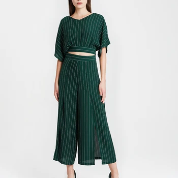 

GOXEOU Women's Club Dresses Striped V-Neck Lace-up Wide-Leg Pants Two-Piece Set Party Casual Office