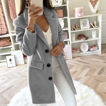 

2019 New Elegant Women Wool Blend Coat Long Sleeve Turn-Down Collar Warm Autumn Winter Wool Female Long Jackets Casaco Feminino