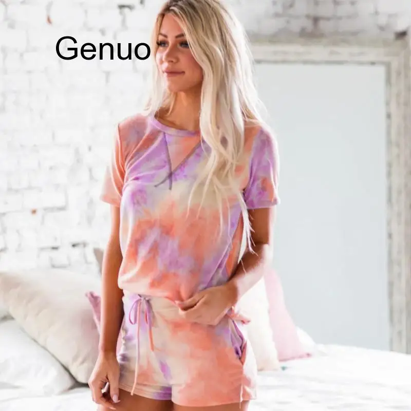 New Summer Tie-dyed Print Women Sets Lounge Wear Tops Shorts Set 2 Pieces Women Tracksuit Home Leisure T Shirts Shorts