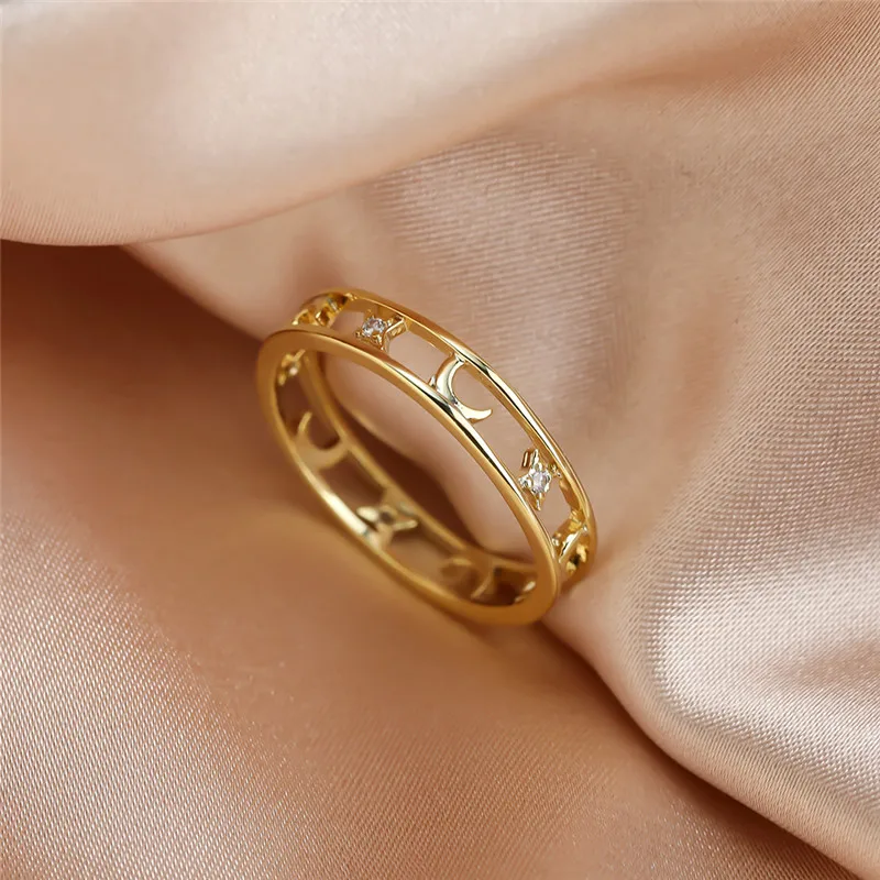 Mejor precio Anillo de compromiso con forma de Luna y estrella de cristal para mujer, sortija, Circonia cúbica, zirconia, circonita, zirconita, Color dorado ezYoMJWA8ky