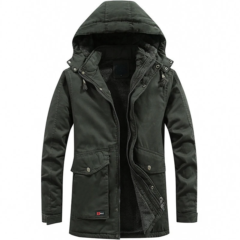 

Thick Fleece Parkas Jackets Men 2019 Winter High Quality Hooded Cotton Padded Jacket Casual Military Coat Black WD028