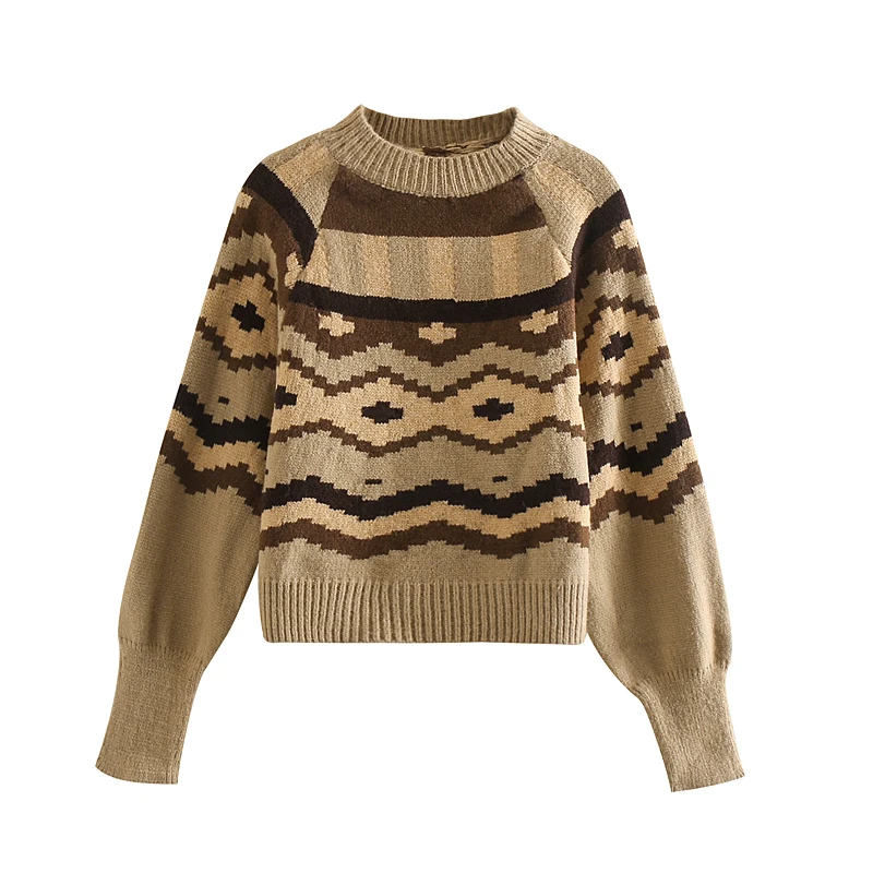 Звездный Светлячок, повседневный Свободный Полосатый свитер с круглым вырезом и рукавами-фонариками, женский свитер, Осенний шерстяной жаккардовый женский свитер - Цвет: brown sweater