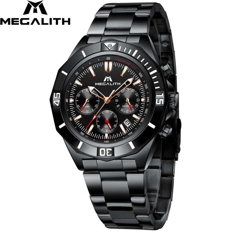 MEGALITH мужские часы из стали спортивные водонепроницаемые часы мужские светящийся хронограф часы брендовые роскошные часы Relogio Masculino 8206 - Цвет: steel black