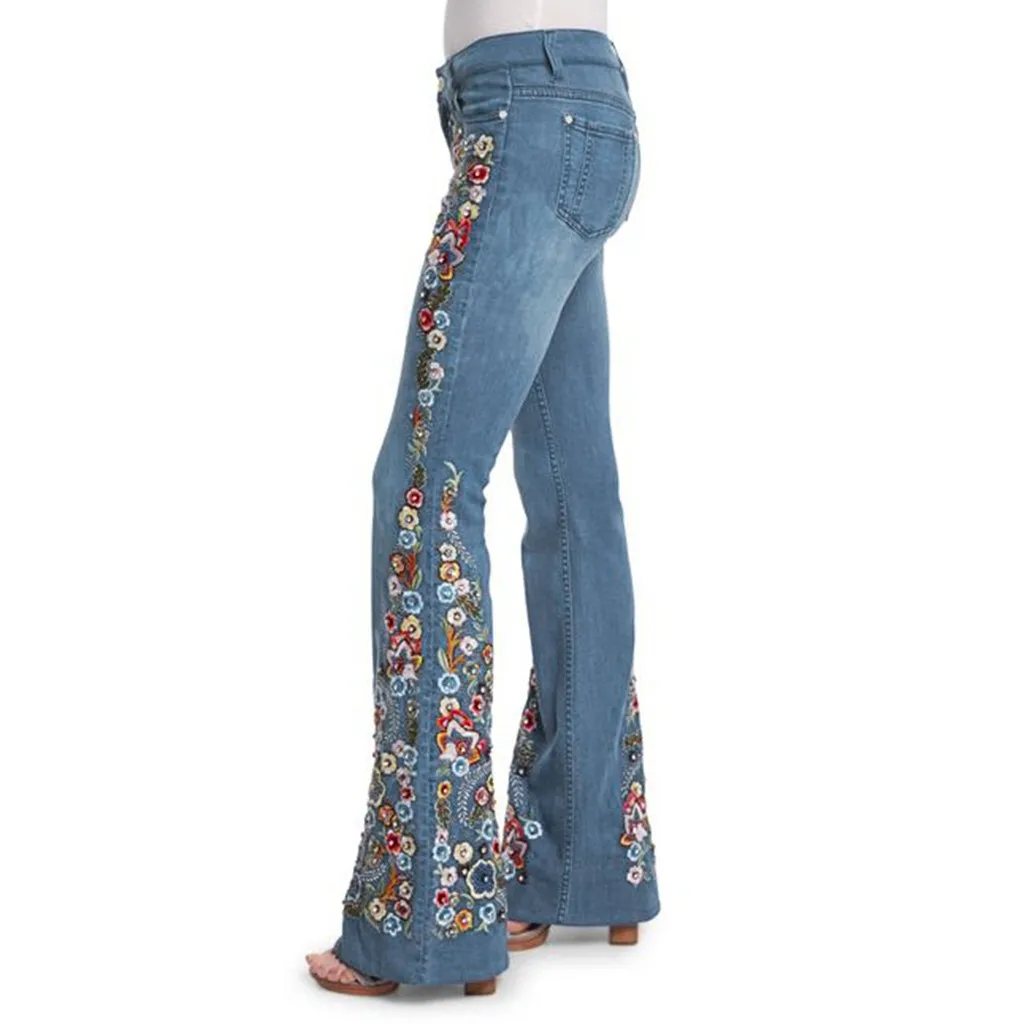 Джинсы с вышивкой, расклешенные, со средней талией, синие, расклешенные, для девушек, сексуальные, тянущиеся джинсы, модные, широкие, джинсовые брюки sdgh3