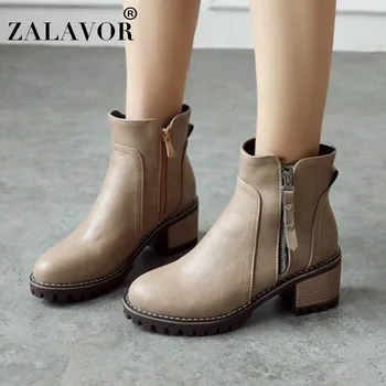 

ZALAVOR Size 33-43 Women Ankle Boots Zipper Platform Square Heel Women Short Boots Fashion Simple Female Footwear