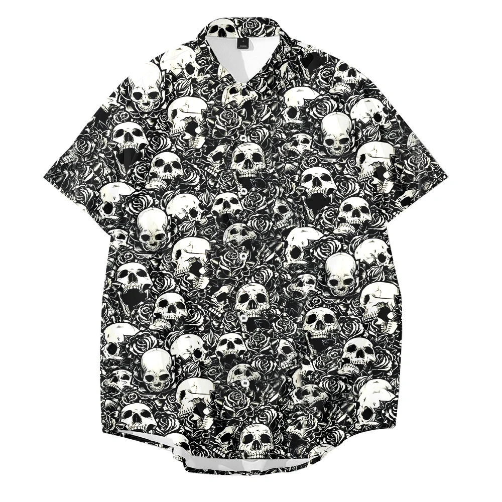 

Short Sleeve Shirt Men Summer Skull Loose Baggy Casual Hawaii Holiday Beach Shirt Print Tee Tops National Style Buttons Blouse