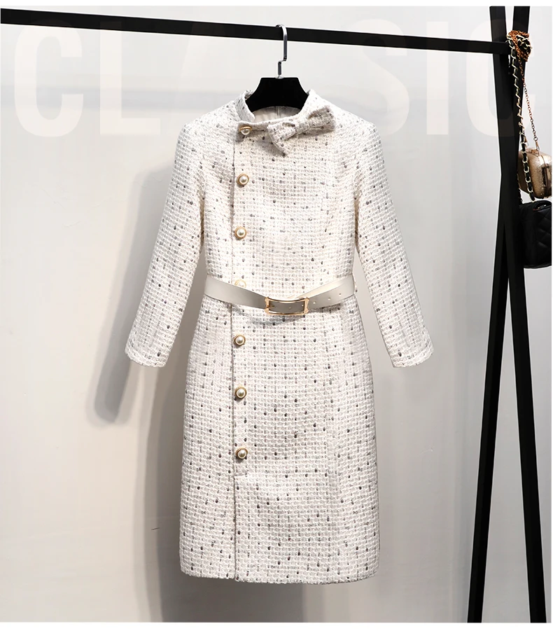 

France style elegant belt dress 2019 autumn winter women high quality tweed dress B194