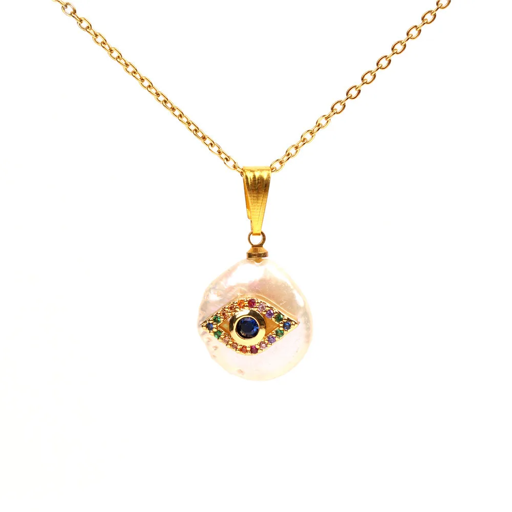 Турецкий Дурной глаз ожерелье, подвеска из пресноводного жемчуга, золотая цепочка из нержавеющей стали для женщин и мужчин, ювелирные изделия с жемчугом - Metal Color: N004