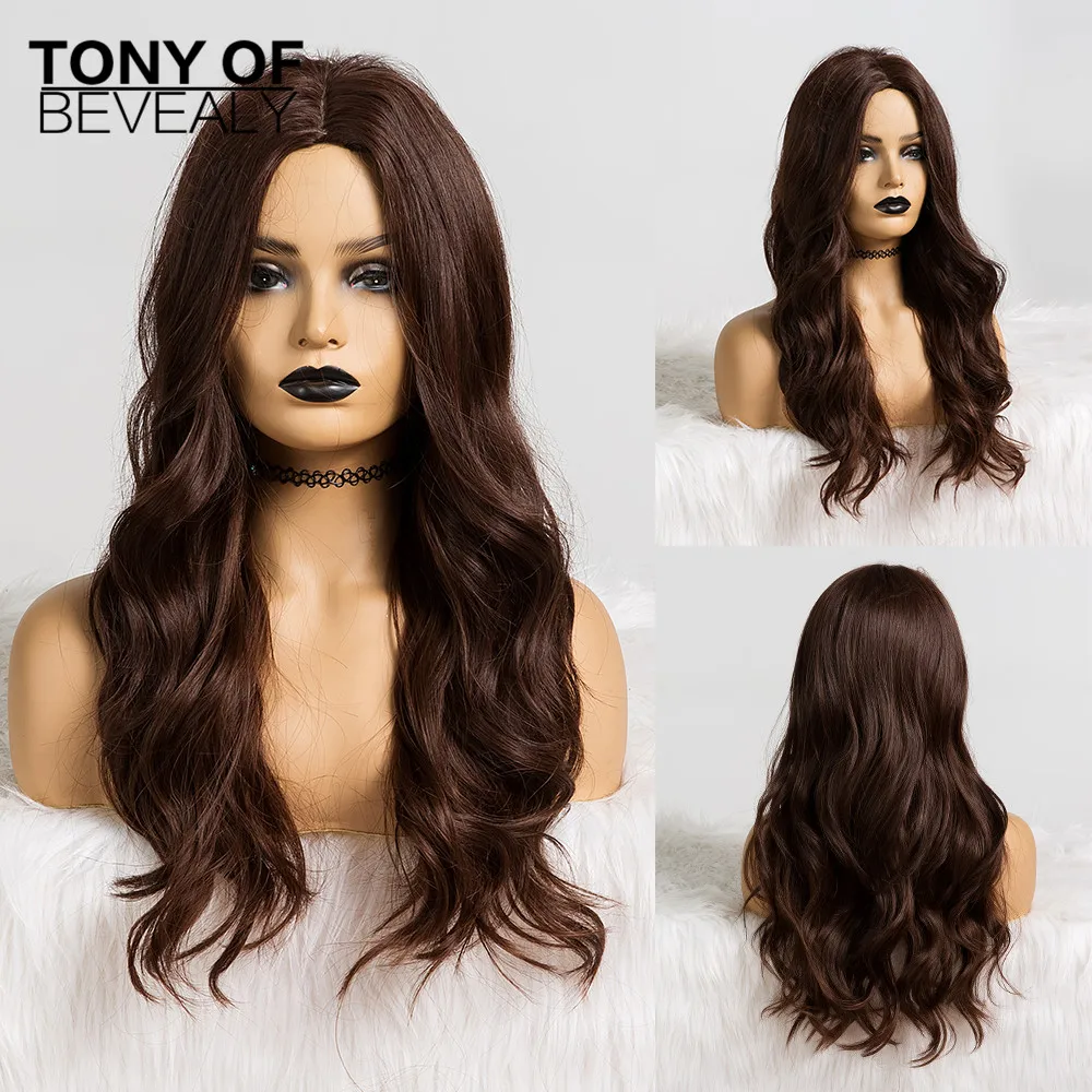 Длинные волнистые Омбре коричневый блонд синтетические парики для афроамериканских женщин термостойкие волокна средняя часть косплей парики - Цвет: lc133-1
