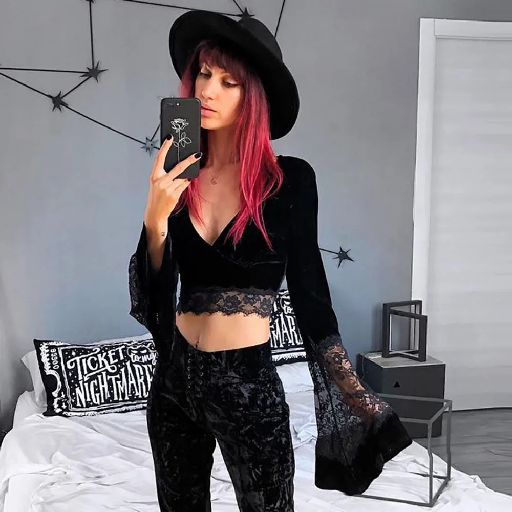 

Gothic Female deep-V Tops Elegant black lace Top Sexy Women Crop Top Flare Long Sleeve Lace Hollow Out Retro Shirt club party