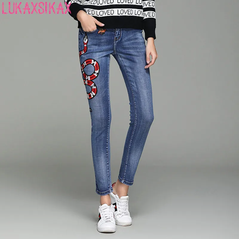 LUKAXSIKAX/ новые женские синие джинсы высокого качества с вышивкой в виде змеи и пчелы, джинсы для подиума, узкие джинсовые длинные штаны, уличная одежда