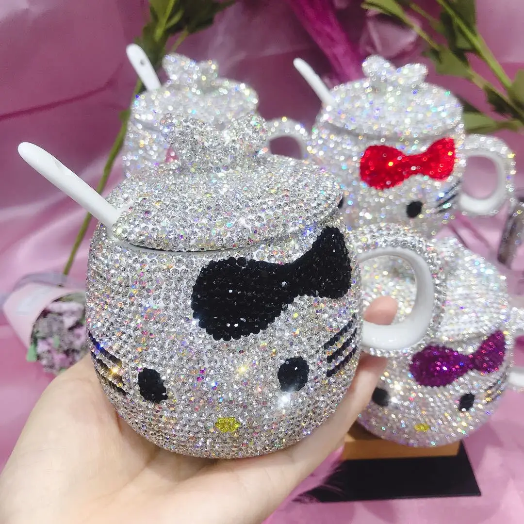 Блестящая кофейная кружка с крышкой все стразы чашка Китти керамическая милый