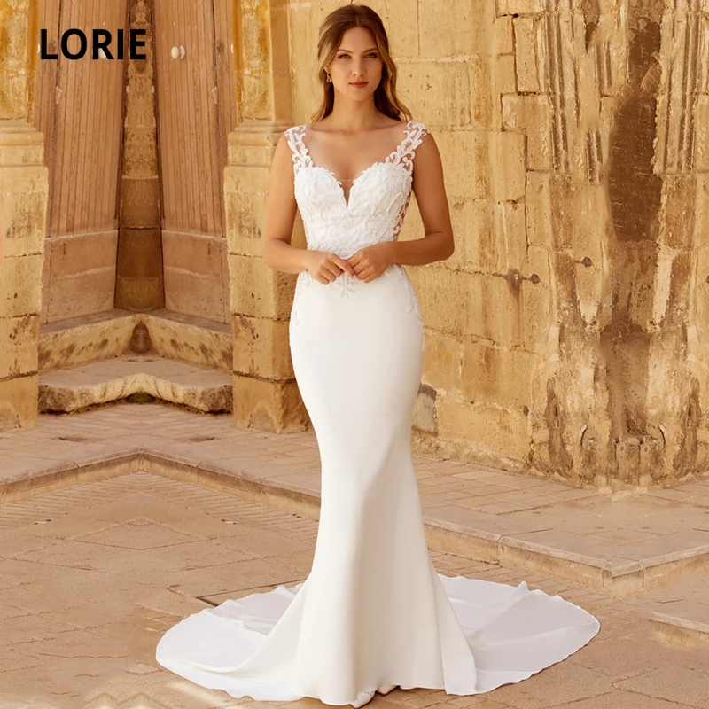 Lorie Boho Abiti Da Sposa Sirena Scollo A V Appliques Chiffon Elastico Bianco Avorio Paese Abito Da Sposa Abito Da Sposa Suknia Lrlgbt Na