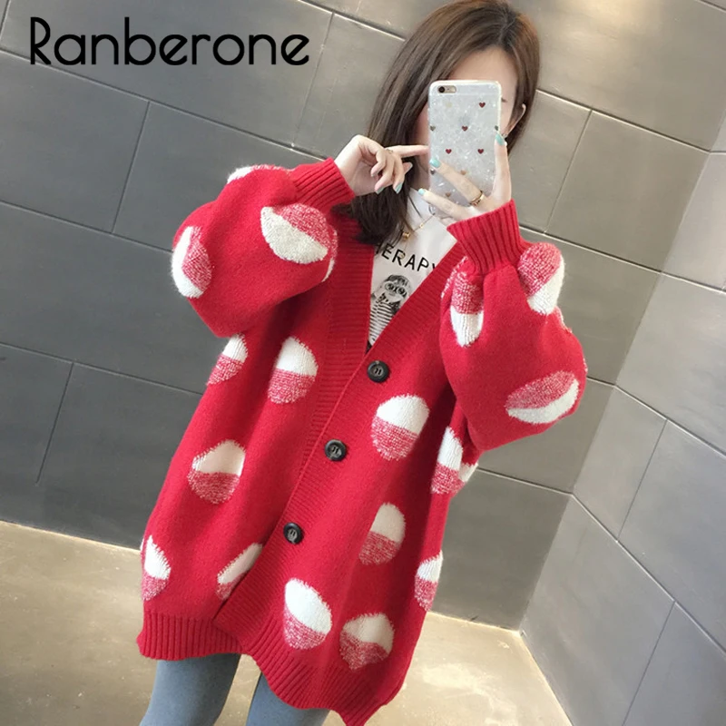 Ranberone Long Cardigan Sweater Women Knitted Jackets Oversized Sweaters Ponchoes Button Dots Loose Female Cardigans 2019 Winter