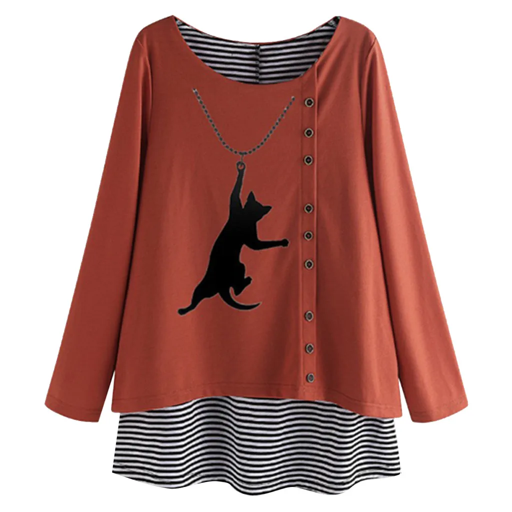 Blouse Women New Autumn and Winter Patchwork Cartoon Print Round Neck Long-Sleeved Large Size Casual Blouse
