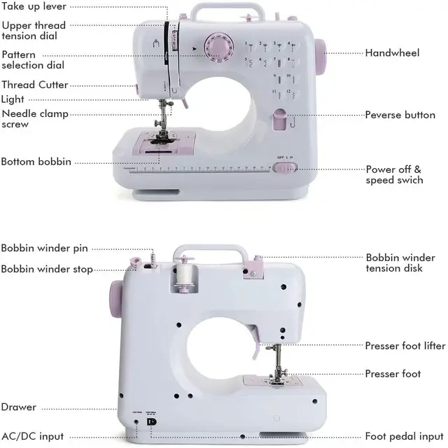 Machine à Coudre Portable avec 2 Vitesses et 12 Points. Mini Machine à  Coudre avec Pédale, 2 Bobines, Aiguille de Rechange, Coupe-fil et Lampe de  Travail, Filaire ou à Piles AA (non