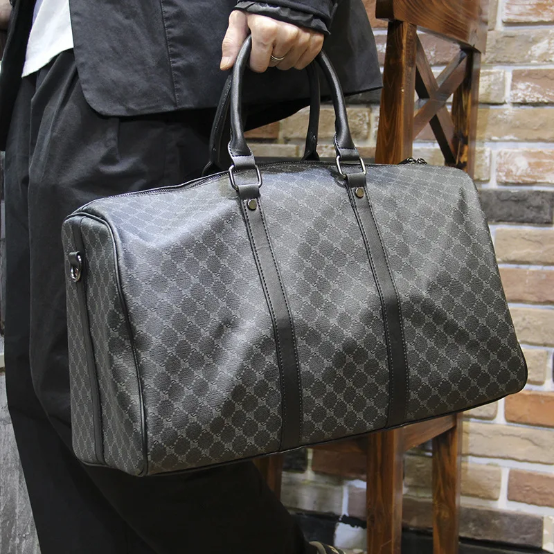 Fashion Men Travel Tote Bags Leather Plaid Trips Handbags Travel Duffle  Black Shoulder Bags For Male - Travel Tote - AliExpress