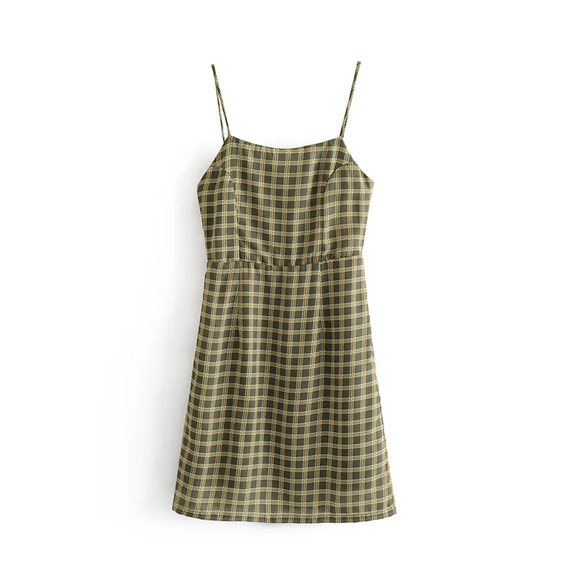 

Europe And America WOMEN'S Dress Avocado Green Retro Plaid Sexy Backless Strapped Dress Slim Fit Slimming by Age Short Skirt