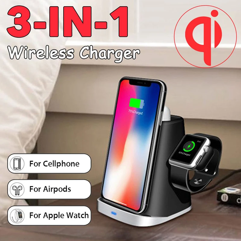 3 в 1 Qi Беспроводной Зарядное устройство Pad для Airpod for Apple Watch 2/3/4 Быстрая зарядка док-станция для iphone XR XS X 8 для samsung S10E