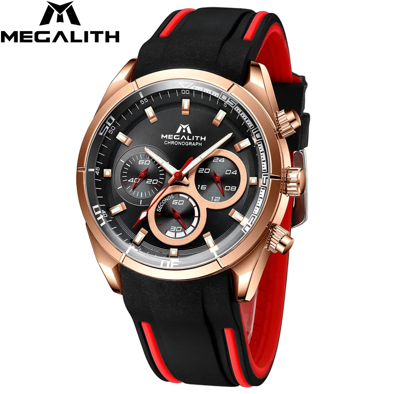 Relogio Masculino MEGALITH спортивные хронограф мужские часы лучший бренд Роскошные Кварцевые часы мужские водонепроницаемые часы с резиновым ремнем мужские 8049