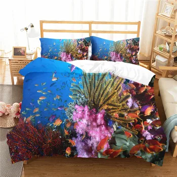 

Fishes Bed Cover with Pillow Sham Teens Room Decor Bedding Sets Ocean Animals Single Double Colorful Coral Duvet Cover Set