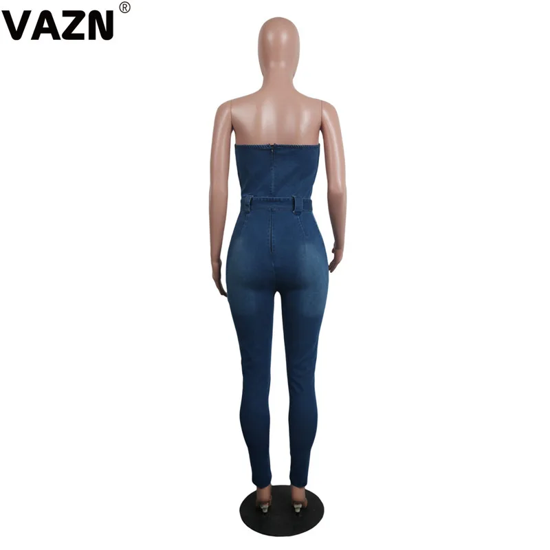 VAZN GMOS1757 new strapless girl blue bandage casual night club young jumpsuit sleeveless long pant jumpsuits sexy wind rompers