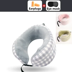 U Shaped Memory Foam Travel Pillow Bedding Car Aircraft Neck Massage Pillows Cotton Plaid Free Eye Mask and Earplugs