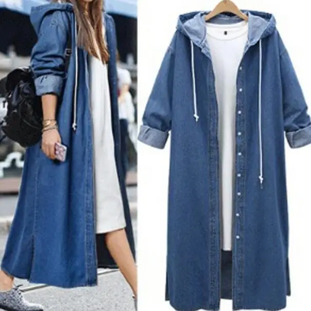 4XL винтажный синий с капюшоном Джинсовый плащ женский зимние джинсы длинные пальто длинный рукав плюс размер верхняя одежда DF968