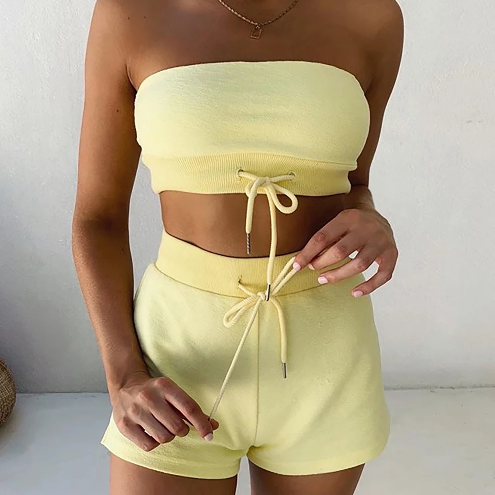 Summer 2 Piece Sets Women Bandage Drawstring Strapless Crop Top Short Pants Jogging Tracksuit Ladies Sport Set Hoodies Outfits
