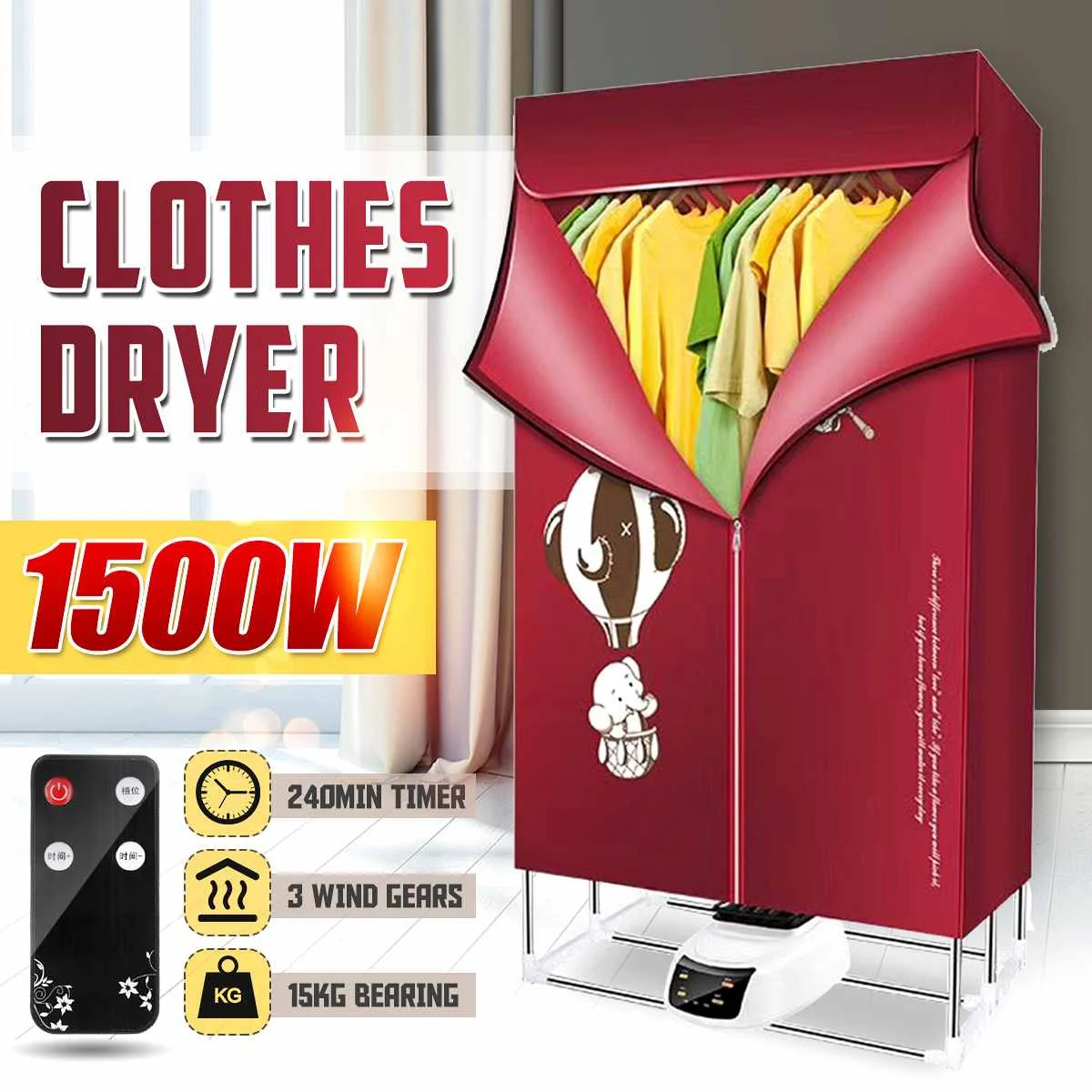 110-240V 1500W Foldable Electric Clothing Dryer Home Clothes Drying Portable