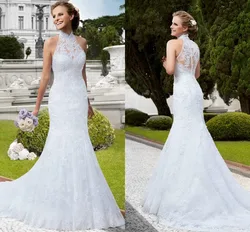 vestido de novia Sheath Sleeveless Lace See Through Back Hi-neck Floor Length bridal gown 2018 mother of the bride dresses