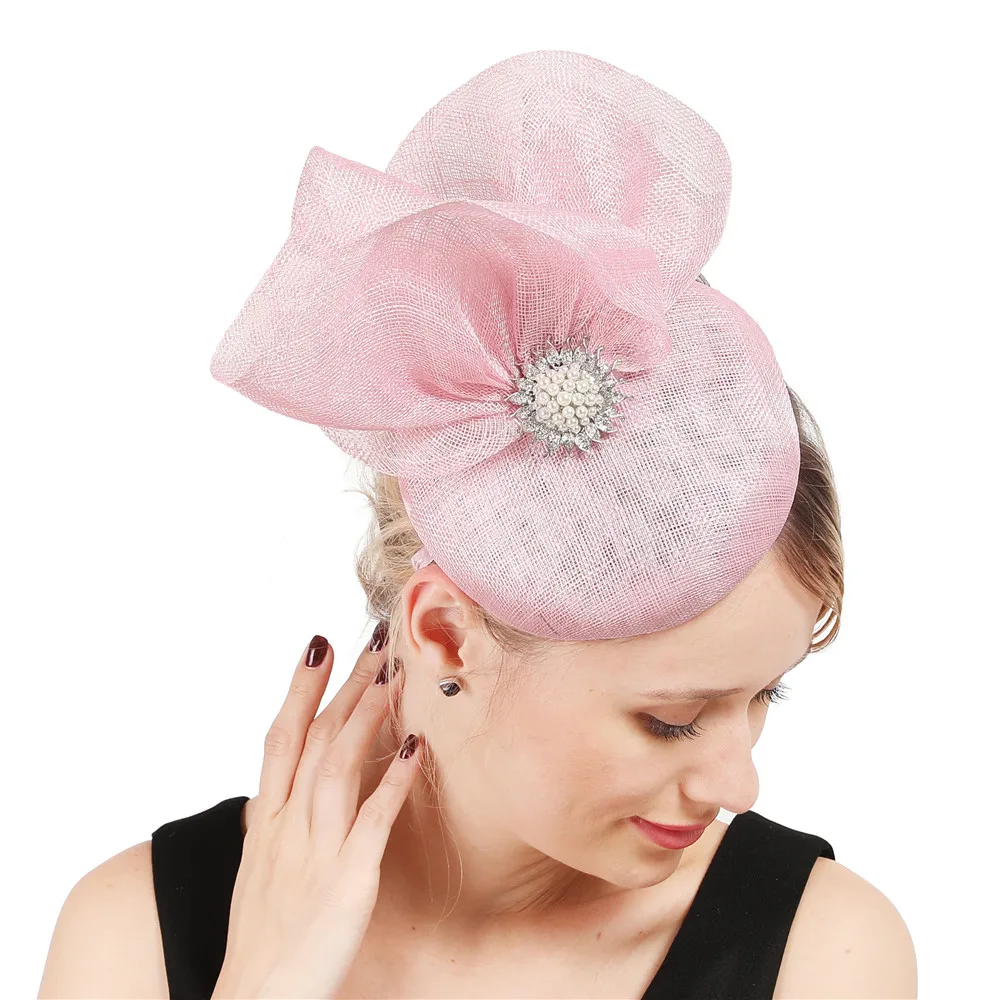 4-Layer sinamay Women Elegant female bow fascinator Hat nice millinery hat races Gorgeous headwear For Ladies hair accessories - Цвет: light pink