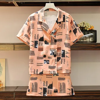 

Highstreet Women's Graffiti Printted Sets Summer New Notched Double-breasted Loose Blouse and A-line Short Skirt Two piece sets