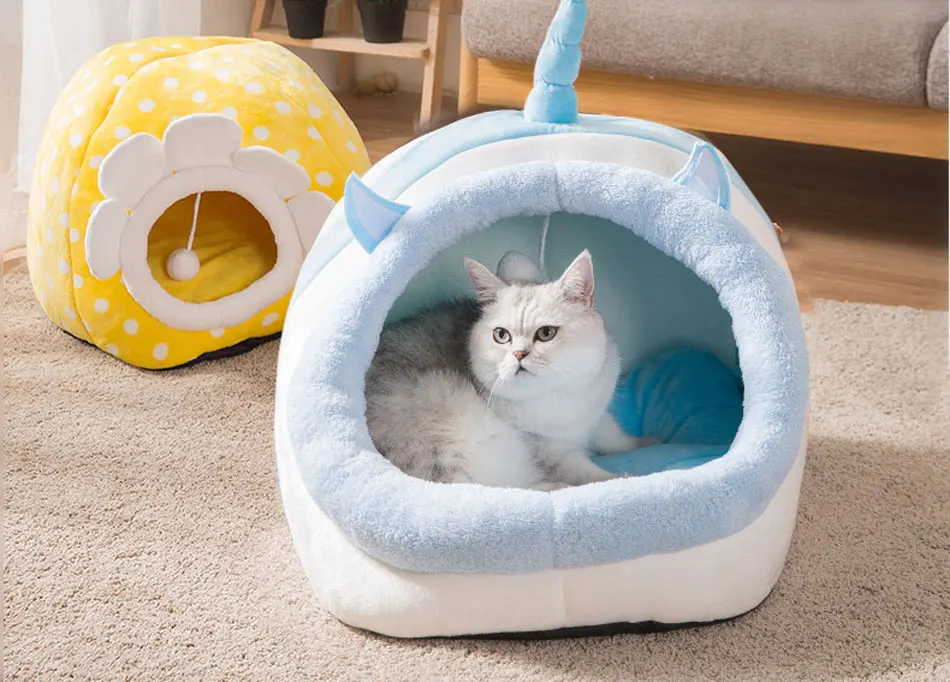Cute Cat Bed Semi-closed Cats House Soft Warm Small Medium Dog Bed Pet House Built-in Fun Decoration for Cat Teddy Chihuahua Mat-109